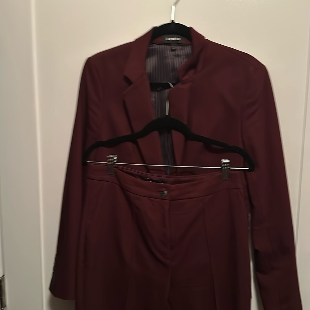 Express burgundy suit jacket, his size 12 pants is the size 10 worn once